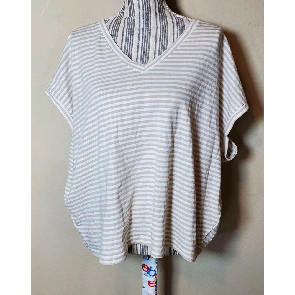 Miou Muse Sadie White Tan Striped Top Crop Clean Girl 100% Cotton‎ Sz M Oversize